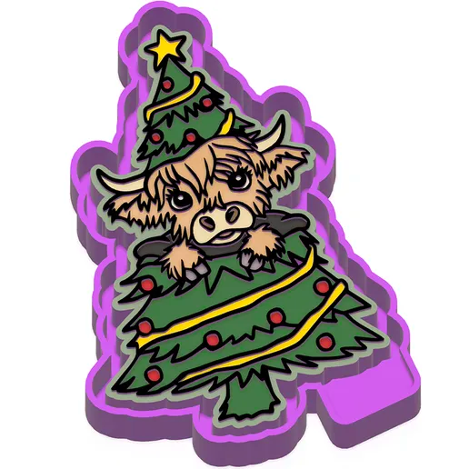 Highland cow in Christmas tree